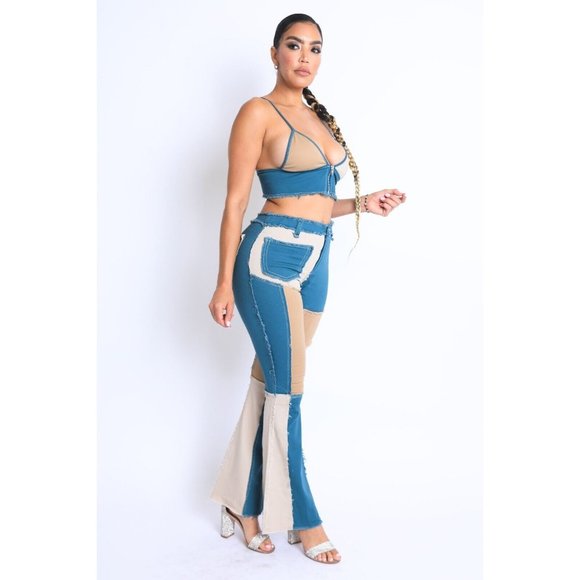 Women's Colorblock Patchwork Cop Top And Matching Pants 2 Piece Set Club Party - Picture 2 of 11